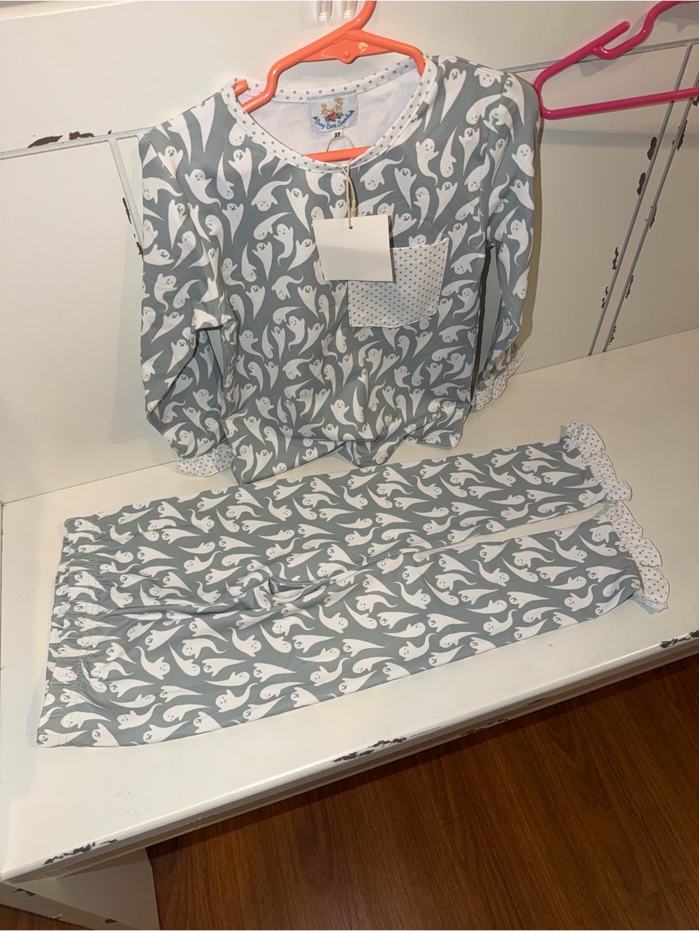 Children's Grey Ghost Print Pajama Set with Polka Dot Trim